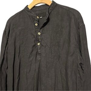 Kiwi St Tropez Womens Size L Black Linen Embroidered Front Henley Long Top Tunic